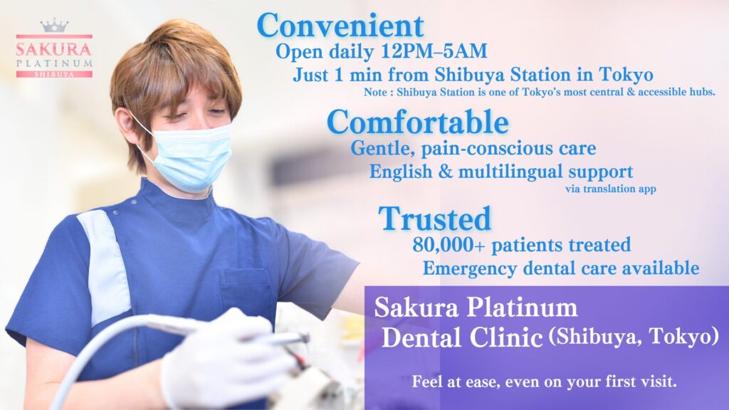Sakura Platinum Dental Clinic – 1 min from Shibuya Station, Tokyo. Open daily (including weekends & holidays), 12 PM–5 AM. Late-night dental care available. English support via translation app. (horizontal image)