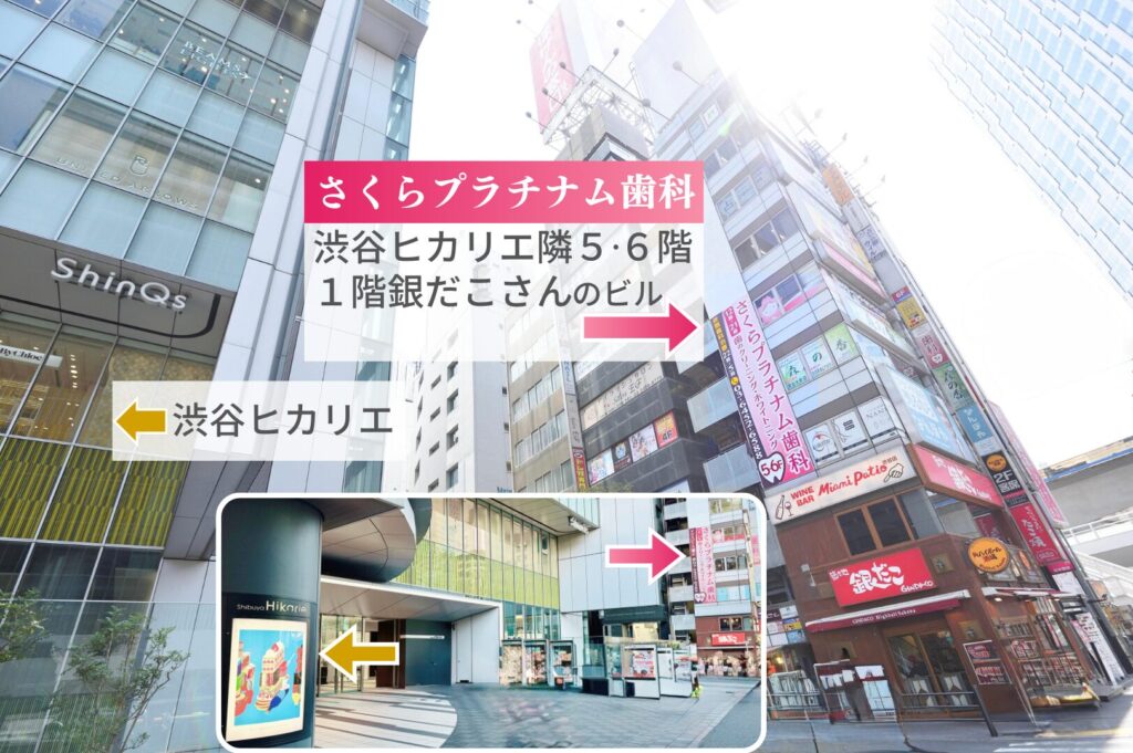 渋谷ヒカリエ隣・銀だこ1階のビル5・6階にある歯科医院「さくらプラチナム歯科」の外観とアクセス案内