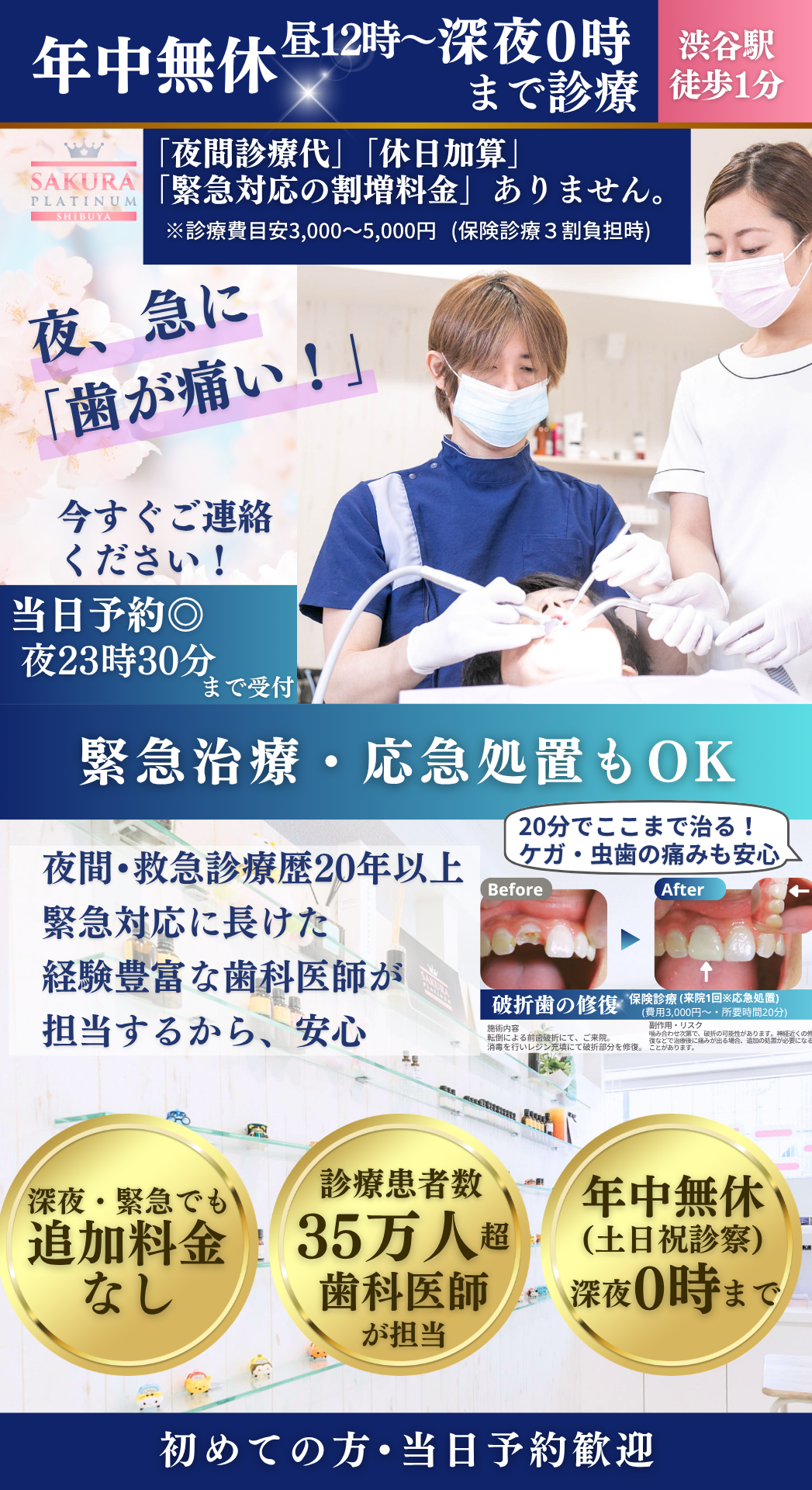 emlp01夜間診療TOP01_16-9 渋谷駅徒歩1分、夜間救急歯科診療なら「さくらプラチナム歯科」年中無休(土日祝もOK)で昼12時〜翌5時までで、急な歯の痛み、歯が欠けた、つめ物かぶせ物、急患も対応(縦)