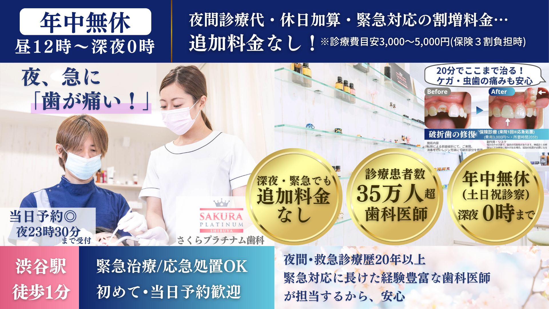 emlp01夜間診療TOP横 渋谷駅徒歩1分、夜間救急歯科診療なら「さくらプラチナム歯科」年中無休(土日祝もOK)で昼12時〜翌5時までで、急な歯の痛み、歯が欠けた、つめ物かぶせ物、急患も対応(横)