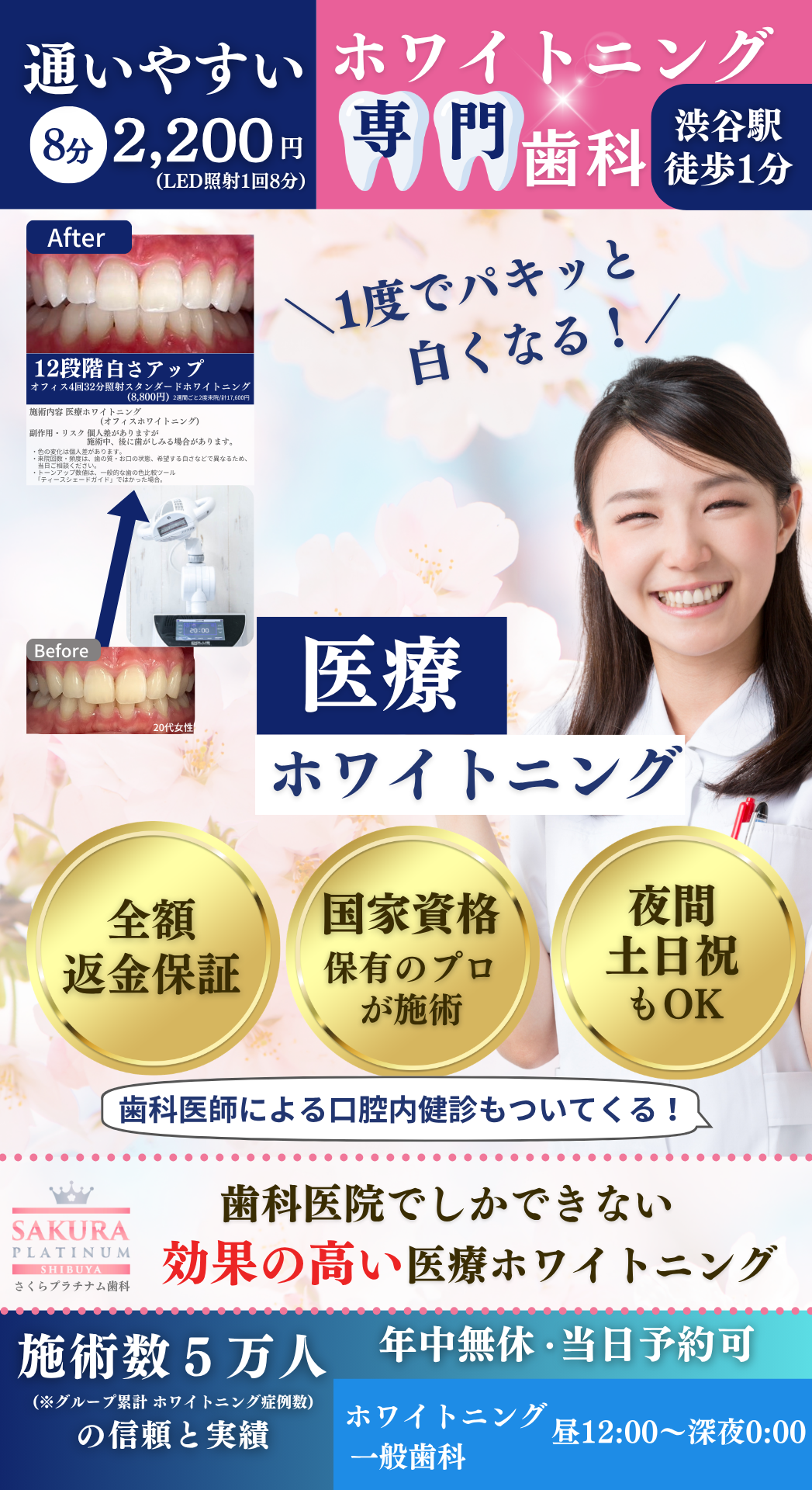 whlp01ホワイトニングTOP01_16-9 都内最安値の医療ホワイトニング|渋谷駅徒歩1分・年中無休の歯科医院さくらプラチナム歯科(縦)